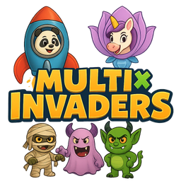 Logo MultiInvaders, avec le panda dans sa fusée et des monstres