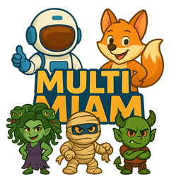 Logo MultiMiam, avec l’astronaute, le renard et des monstres