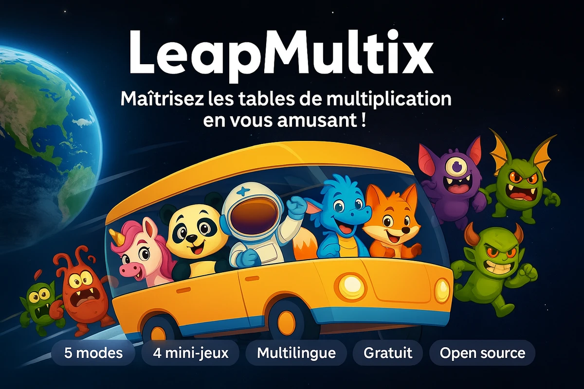 Illustration LeapMultix avec les mascottes Panda, Renard, Dragon, Astronaute et Licorne